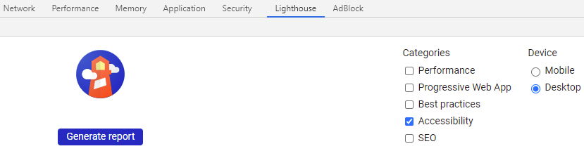 DevTool's Lighthouse lets users choose the type of reports to generate.